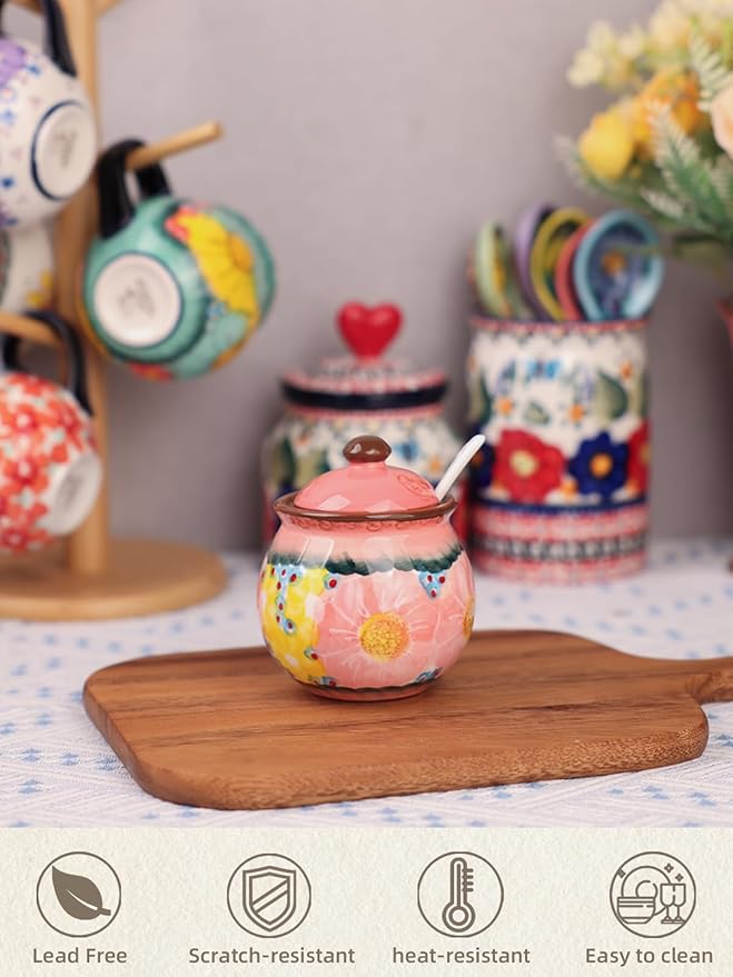 silesia Handmade Sugar Bowl with Lid and Spoon, 8 oz Hand-Painted Ceramic Sugar Jar, Floral Design Seasoning Container for sugar, honey, or spices, Dishwasher Safe (Glazed Pink)