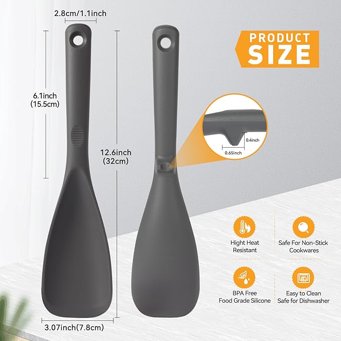 Multifunction Cooking Spoons for Nonstick Cookware, Seamless Design Silicone Spatula Spoon for Mixing, Scoop and Scrape, Dishwasher Safe, 2 Pack, Gray