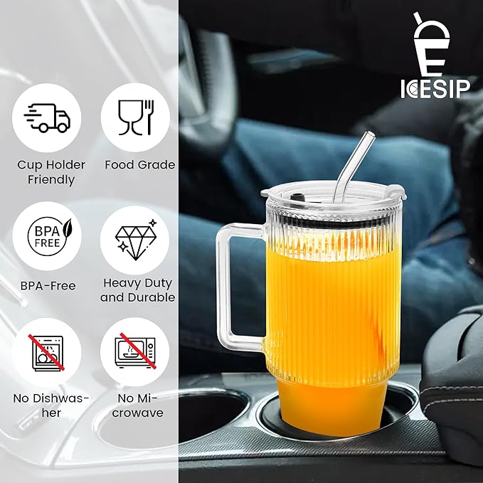 24oz Ribbed Glass Cups with Lids and Straws Handle Thick Leak Proof Drinking Glasses Tumbler for Gift Cold Drink Smoothie Boba Tea(Ribbed with Thick Plastic Lid)