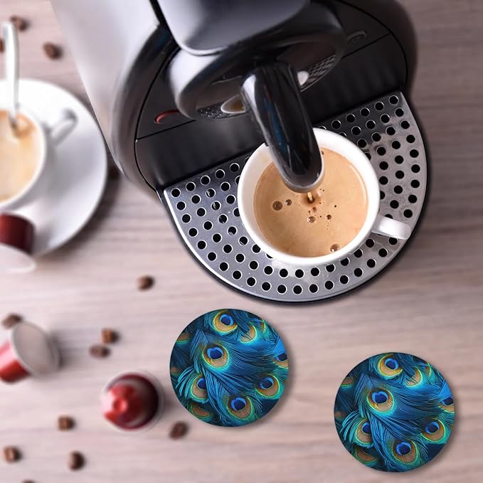 Round Coasters Set of 2, Blue Peacock Feathers Absorbent Ceramic Coaster with Cork Base, Bar Coasters for Drinks Coffee Mugs Tea Cups Wine Glasses Home Decor Gifts (4 inches)