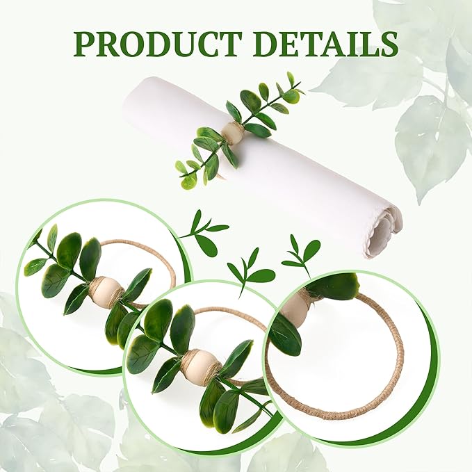 APTWOW Spring Napkin Rings Set of 12, Boho Eucalyptus Leaf Napkins Rings, Wood Bead Farmhouse Easter Napkin Holder for Weddings Christmas Party Table Decor