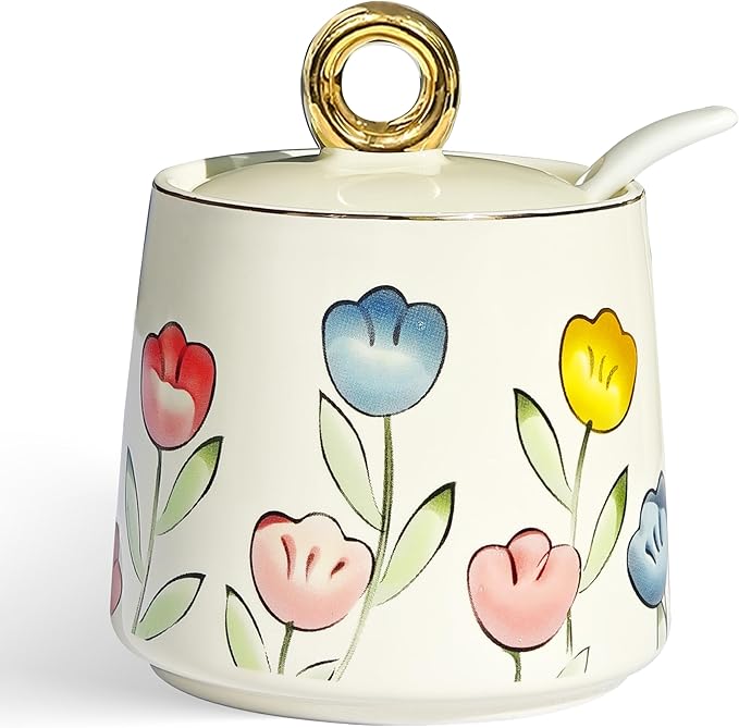 JUSONEY Ceramic Sugar Bowl with Lid and Spoon with Floral Pattern, Gold Trim - 7.5oz Elegant Sugar Jar with Lid and Spoon, Nordic Style for Kitchen, Dining, Cafe, Gift Idea (A)