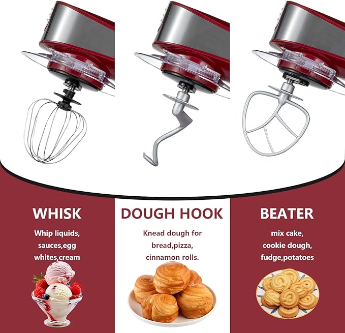 SeaSpark Multifunctional Stand Mixer, 6 in 1 Stand Mixer, 6.3Qt Tilt-head, Standing Mixer with Stainless Steel Bowl, Meat Grinder, Juice Blender, for professional Baking and Most Home Cooks, Red