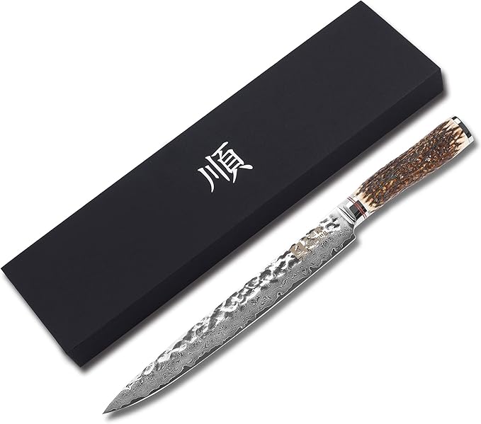SUNLONG Sashimi knife 10 inch - Slicing and carving knife - Super sharp - Japanese hammered Damascus steel - Natural antler handle