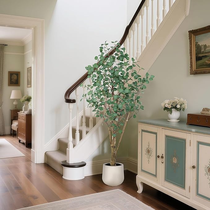 Artificial Eucalyptus Trees with White Planter, 6 FT Faux Eucalyptus Plants Indoor Tall Fake Floor Trees with Silk Leaves and Thick Trunk for Living Room Bedroom Corner Home Office Decoration