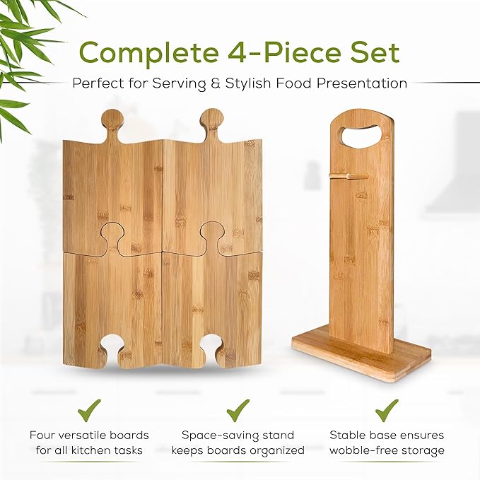 UniBrands 4pcs Bamboo Cutting Board Set with Stand | Natural Eco-Friendly Cutting Boards for Kitchen, Charcuterie Boards, Wooden Chopping Boards, Serving Tray, Wood Cutting Boards | Cocina