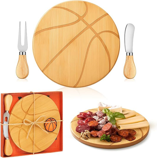 Ziliny Basketball Cheese Board Gift Set Party Favor Prizes Charcuterie Wood Board with Knives and Box Father Day Gift for Dad Grandpa Party Tournament Game(7.9"x 7.9", Bamboo Color)