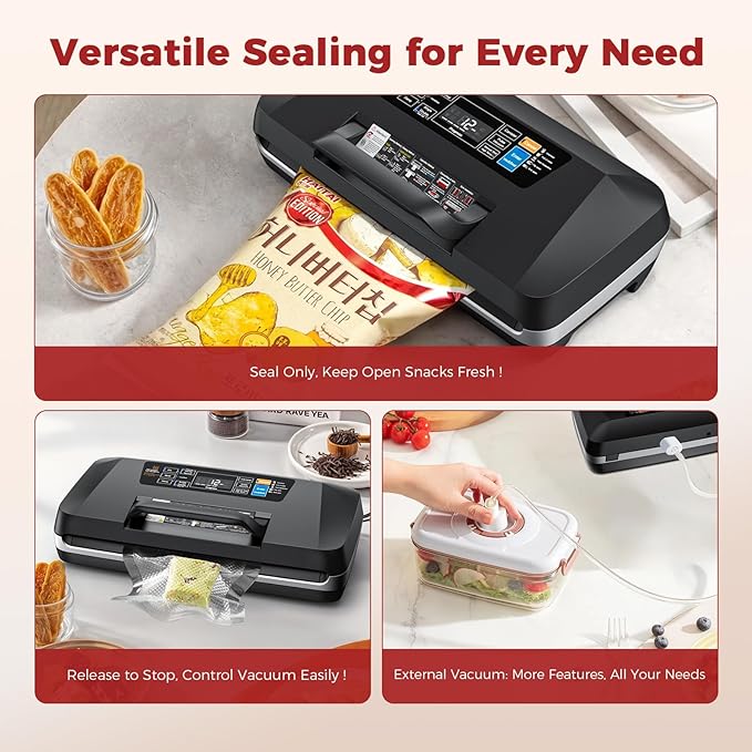 Vacuum Sealer Machine, 95Kpa Powerful Suction System Commercial Full Automatic Vaccum Sealer with Built-in Cutter & Bag Storage, Includes 1 Bag Roll + 10 Pre-cut Bags