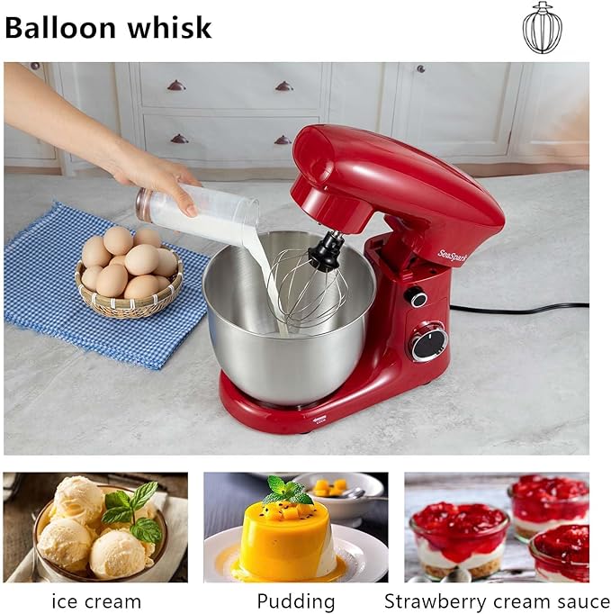 SeaSpark Stand Mixer, 3 in 1 Stand Mixer, 5.5Qt Electric Mixer, Mixer with Stainless Dough Hook, Wire Whip & Beater, Food Mixer for Baking, Cake and Most Home Cooks, Red
