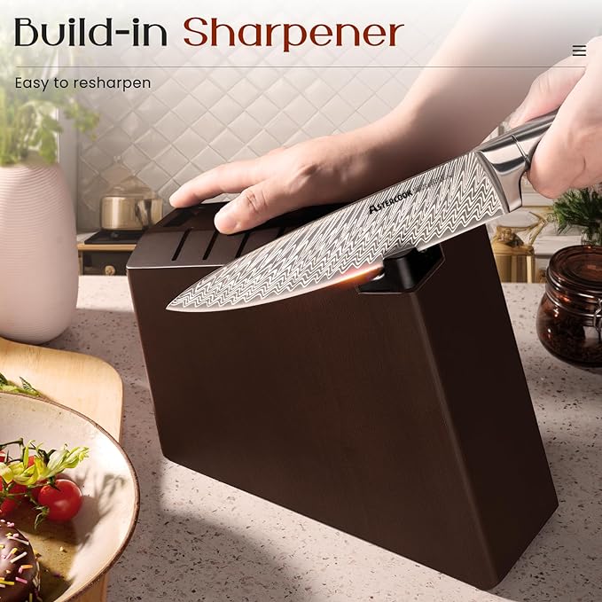 Astercook Knife Set, 15-Piece Kitchen Knife Set with Block and Built-in Sharpener, Ultra-Sharp German Stainless Steel Knife Block Set, Ergonomic Handle, Dishwasher Safe