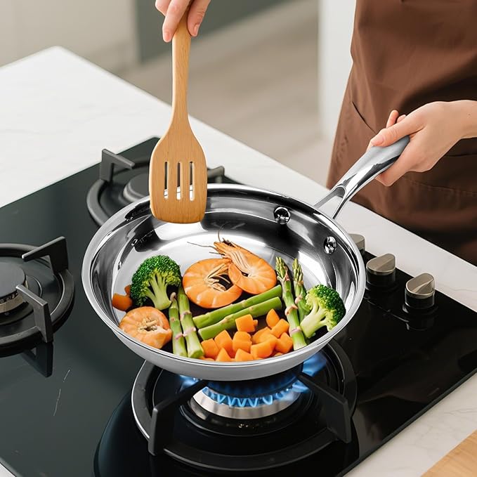 Ranbomer Stainless Steel Pan 8 Inch，Non-Toxic PFAS, PFOA & PTFE Free, Compatible With All Cooktops & Induction Safe, Oven Safe Pan for Searing & Sautéing, Long Lasting Cookware. (8 Inch)