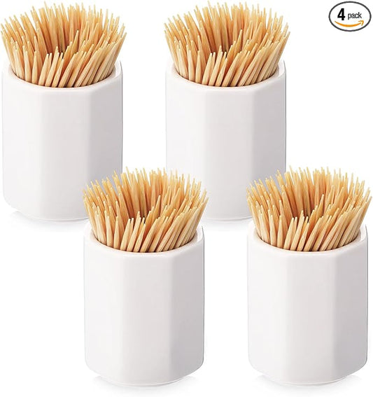 Mimorou 4 Pcs White Ceramic Toothpick Holder Simple Ceramic Toothpick Dispenser Container for Home Charcuterie, Easy to Clean(Octagon)