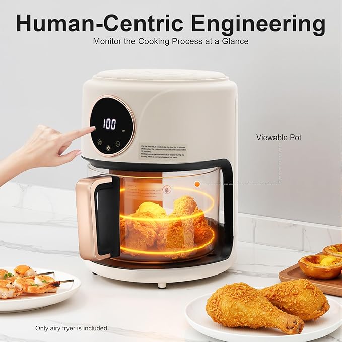 4.4 Qt Air Fryer 1200W Glass Air Fryer, 8-in-1 Functions, 360° Viewable, Digital Display, Adjustable Temperature 176°F to 392°F, 60-Minute Timer, Dishwasher Safe, Nonstick Basket (White)