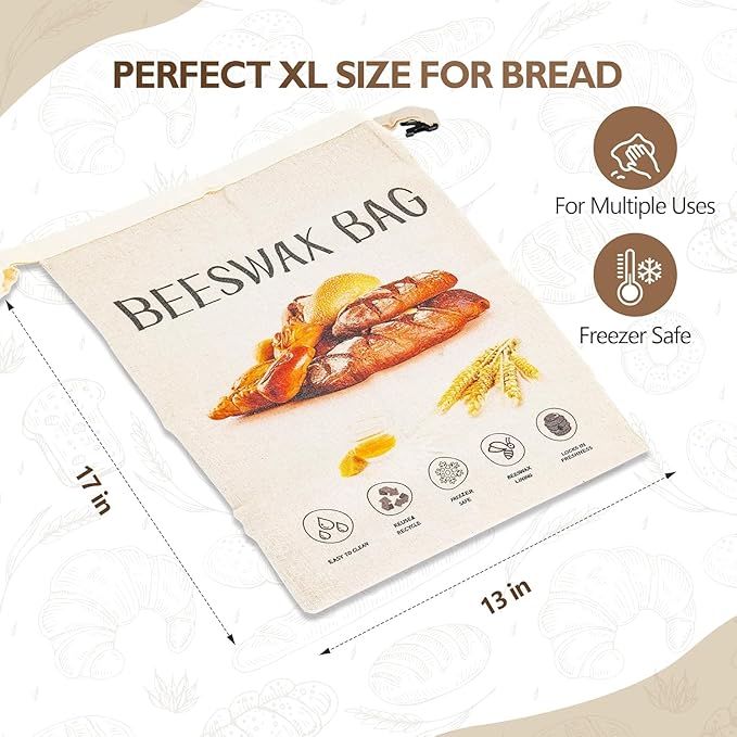 2-Pack Reusable Beeswax Bread Bags for Homemade Bread Sourdough, 2 Natural XL Beeswax 100% Linen Moisture-proof Lined Storage Bags with Buckle& 1 Bowl Covers –Easy to Clean,Keeps Bakes Fresh Longer