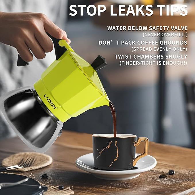 LAOION Stovetop Espresso Maker, 3Cup Moka Pot, Espresso Machine Compatible with Induction Cooktops, 150ml Stainless Steel & Aluminum Cuban Coffee Maker for Cafetera Cubana, Green