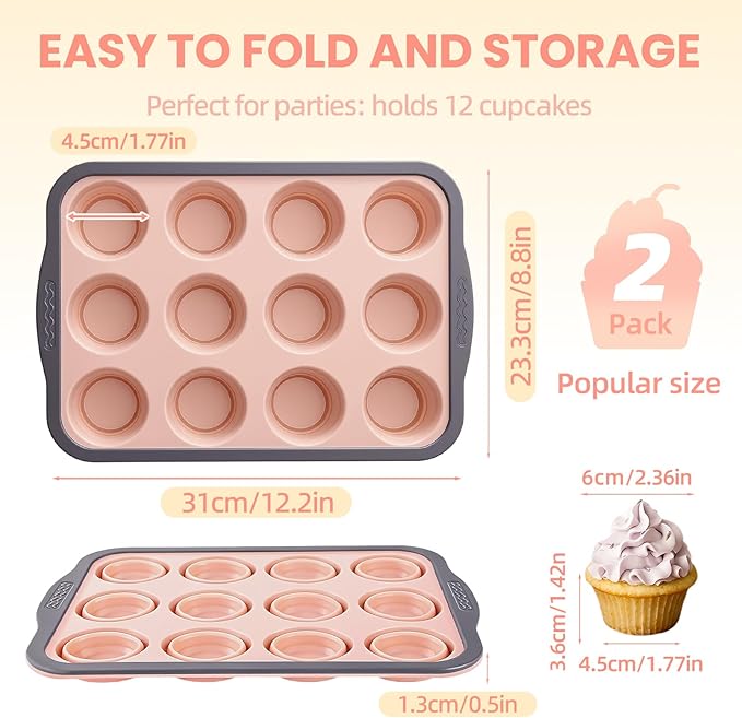 BHNJUTM 2 Pack Silicone Muffin Pan for Baking - Premium Nonstick Muffin Tin with Metal Reinforced Frame, Easy to Clean Silicone Cupcake Molds, Dishwasher & Oven Safe BPA Free(pink)