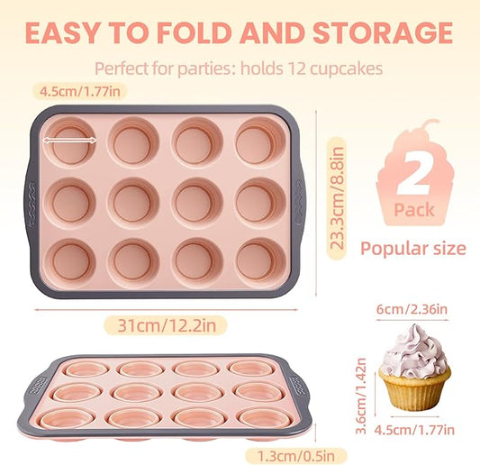 BHNJUTM 2 Pack Silicone Muffin Pan for Baking - Premium Nonstick Muffin Tin with Metal Reinforced Frame, Easy to Clean Silicone Cupcake Molds, Dishwasher & Oven Safe BPA Free(pink)