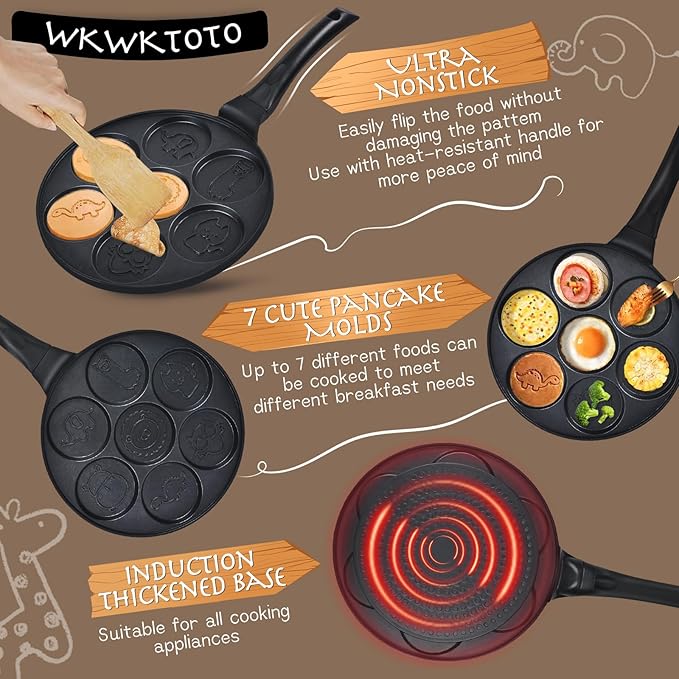 Pancake Maker Egg Frying Pan Suitable for All Stovetops & Induction Cooker, 10.5 Inch Animal Pancake Pan, 7 Molds Pancake Maker with PFOA Free Coating