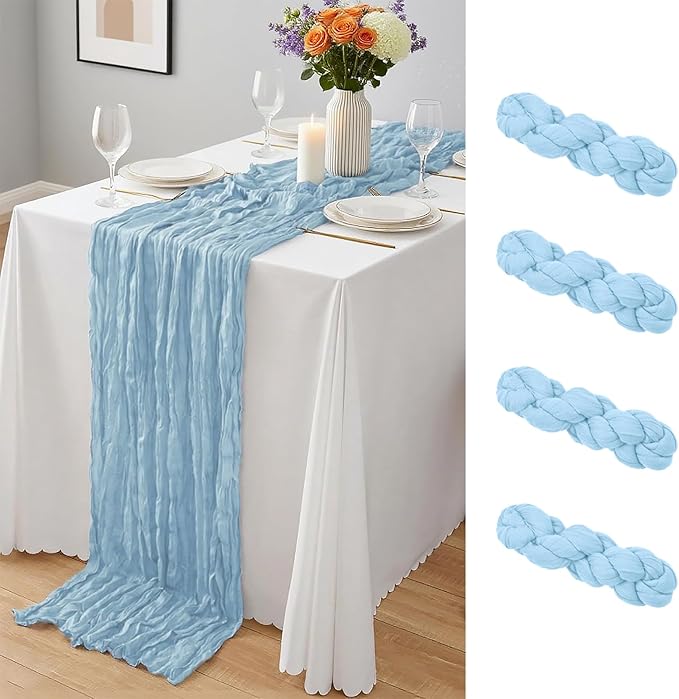 4 Pack Baby Blue Cheesecloth Table Runner 10Ft, Gauze Table Runners 21.5 x 120 inch,Semi Sheer Cheese Cloth Fabric Runner Bulk for Wedding,Party,Baby Shower,Bridal Shower