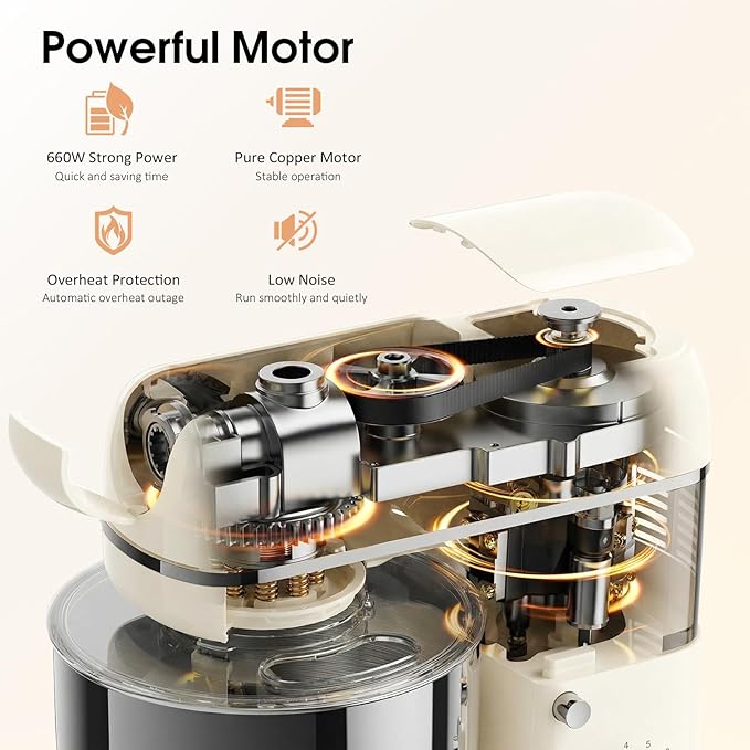 Honinst Stand Mixer, 7-IN-1 6.5QT 660W Multifunctional Electric Kitchen Mixers with Blender, Meat Grinder, Dough Hook, Whisk and Beater, 8-Speed Food Mixer for Baking, Cooking, Food Processing, Beige