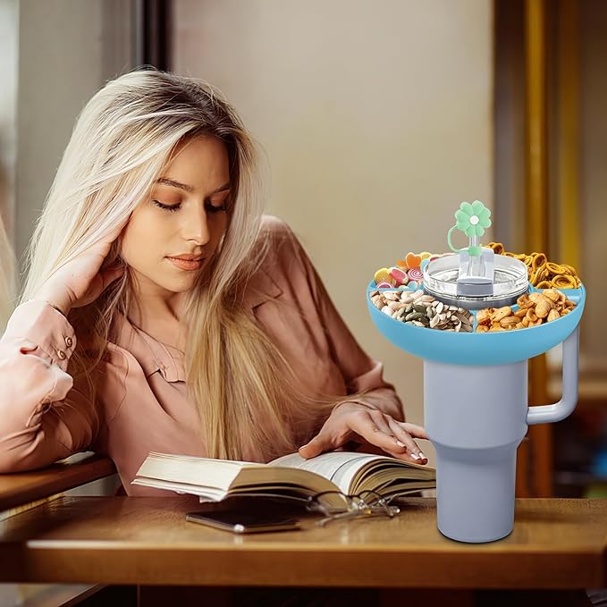 Snack Bowl for Stanley Cup 40 oz with Handle-Perfectly Compatible with Stanley Quencher H2.0 Tumbler 40 oz with Handle, Reusable Silicone Snack Tray, Stanley cup accessories (Blue Snack Bowl)