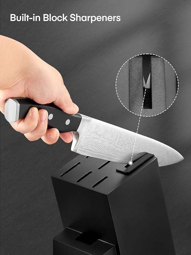 Knife Set, D.Perlla 7 Pieces Kitchen Knife Set with Built-in Sharpener, Stainless Steel Knives Block Set with Unique Waved Pattern, Non-slip Handle, Black