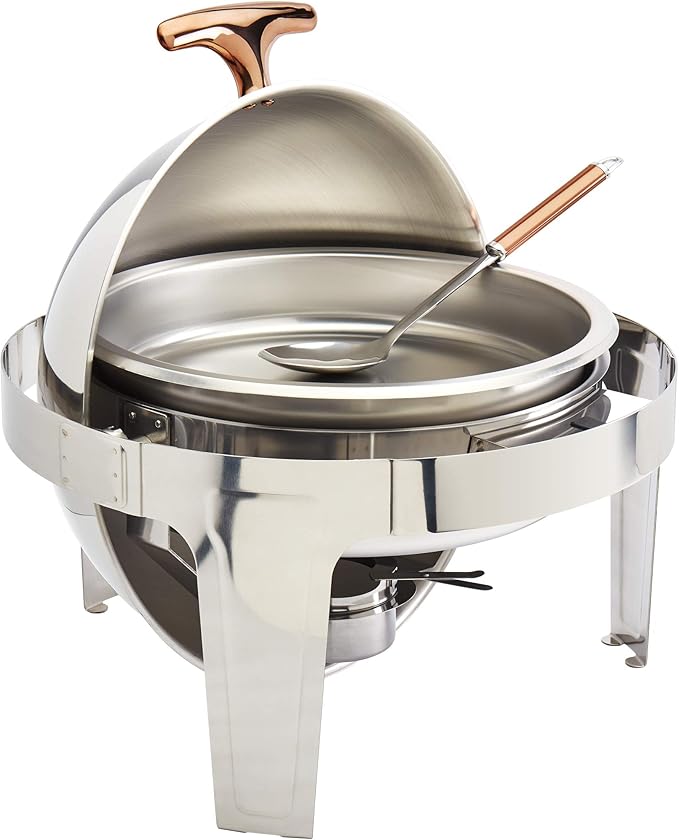 Denmark Tools for Cooks Celebrations Cookware Collection 5 Piece 6.3-Quart Heavy Gauge Stainless Steel Round Chafing Dish Set with Roll Top Lid for Entertaining & Catering