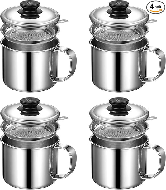 LemonRoad 4 Pcs 1.3l Bacon Grease Container Saver with Strainer Grease Container for Kitchen Durable Stainless Steel Cooking Oil Fat Storage Filter Keeper Tank Pot Can Strainer for Used Frying Oil