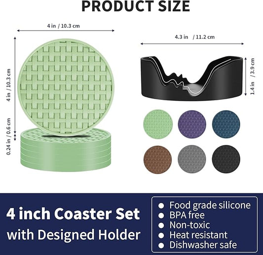 Green Silicone Coasters Set of 6 with Holder, 4 Inch Round Non-Slip Heat Resistant Waterproof Coaster, Decorative Cup Mats for Coffee Table, Home, Kitchen, Office, Bar