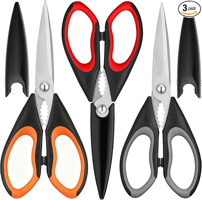 Kitchen Scissors All Purpose 3 Pack - Heavy Duty Stainless Steel Cooking Shears for Cutting Meat, Food, Fish, Poultry Multipurpose Sharp Sissors for Dishwasher Safe, with Protective Sheath