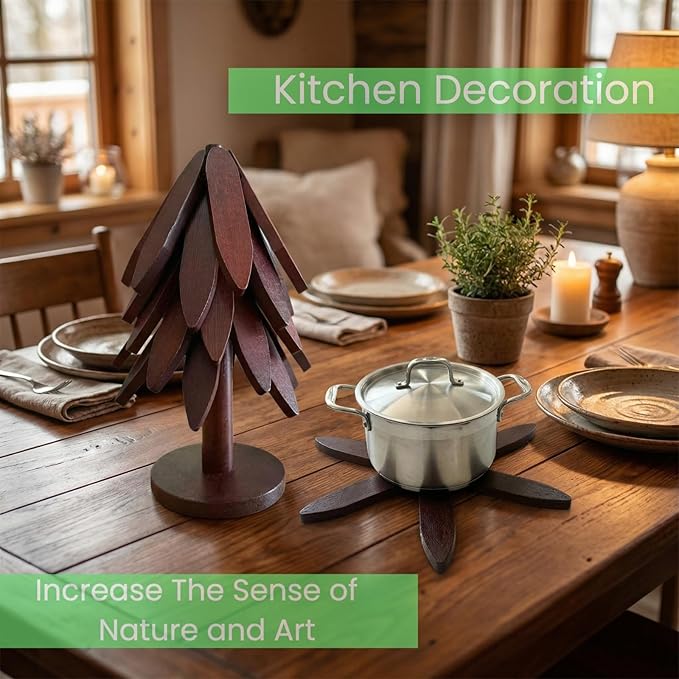 Tree Shape Trivet Set,Natural Wooden Walnut Color,5 Wooden Trivets + 1 Stand for Hot POTS、Bowls、Hot Dishes、Teapot，Foldable Kitchen Decor.