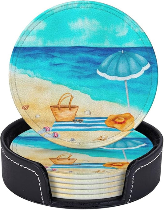 Summer Beach Leather Drink Coasters Set of 6 with Holder Ocean Scene Print Round Cup Coaster for Table Decor