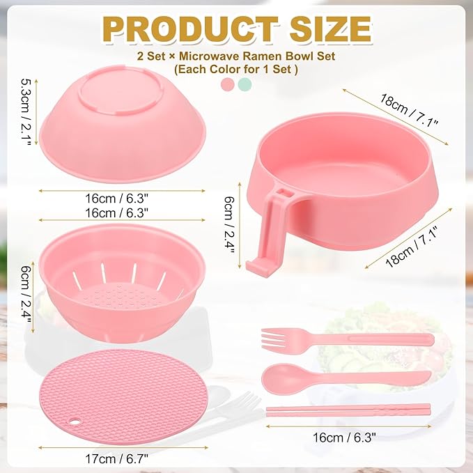 uxcell 2 Sets Microwave Ramen Bowl Set, Wheat Fiber Noodle Bowls Plastic Cooker with Lid Handle Fork Spoon Chopsticks for College Dorm Room Apartment, (Pink/Green)