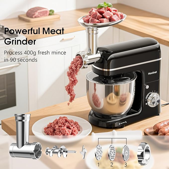 Honinst Stand Mixer, 7-IN-1 6.5QT 660W Multifunctional Electric Kitchen Mixers with Blender, Meat Grinder, Dough Hook, Whisk and Beater, 8-Speed Food Mixer for Baking, Cooking, Food Processing, Black