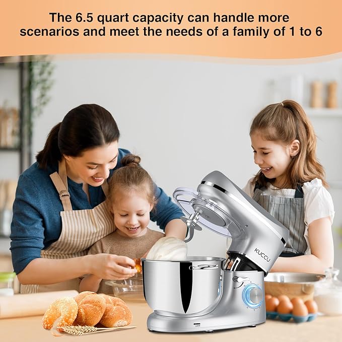 KUCCU Stand Mixer, 6.5 Qt 660W, 6-Speed Tilt-Head Food Dough Mixer, Kitchen Electric Mixer with Stainless Steel Bowl,Dough Hook,Whisk, Beater, Egg white separator (6.5-QT, Silver)