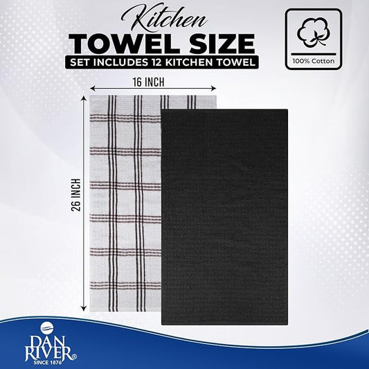 DAN RIVER Premium Kitchen Towels - [Pack of 12] 100% Cotton (16x 26 Inches) -Super Soft,Highly Absorbent, Quick Dry, Dish Towels for Kitchen Towels -Black