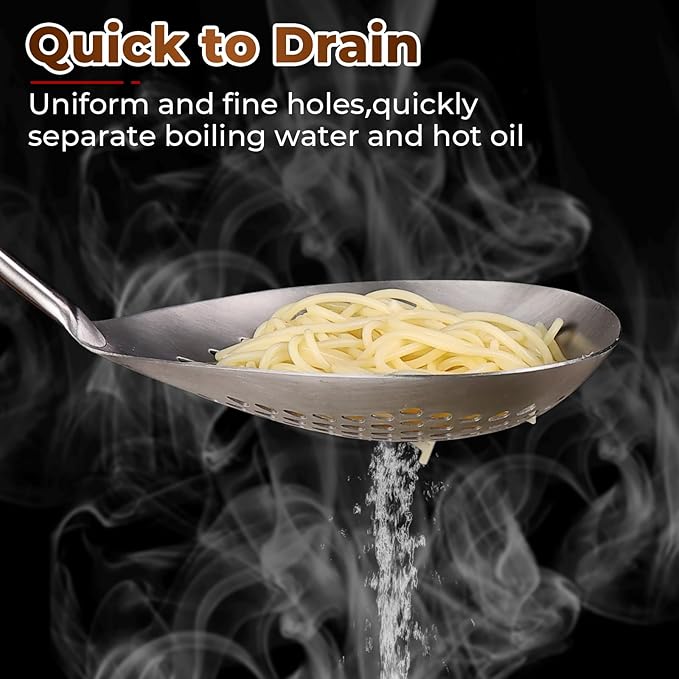 MARTE Skimmer Slotted Spoon Set of 4 - Kitchen Pasta Strainer Spoon - Spider Strainer Skimmer Ladle Spoon with Holder for Cooking and Frying Food, Spaghetti, Vegetable, Dumpling - 14.8In,16.5In,17In