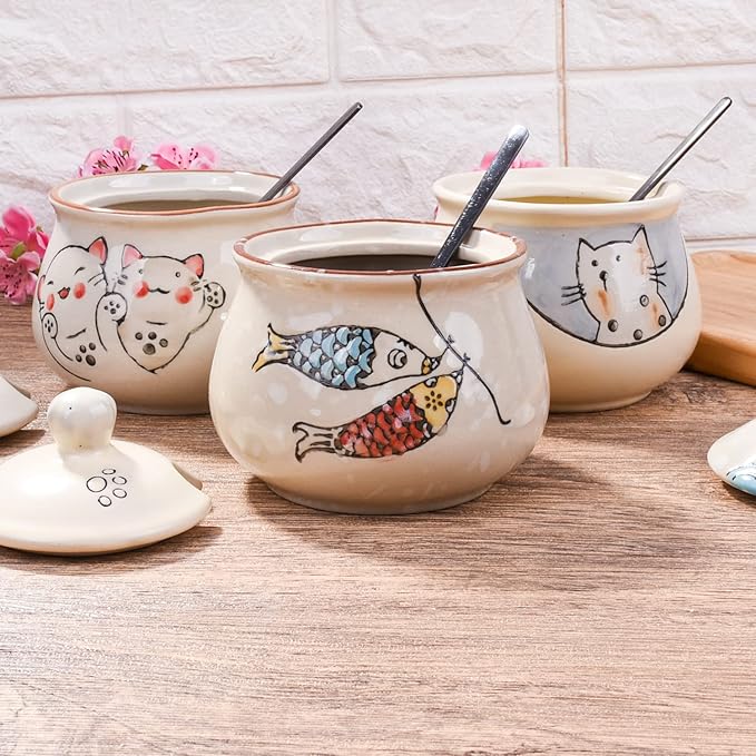 Ceramic Sugar Bowl with Lid and Spoon, Japanese Sugar Bowl with Spoon and Lid (Style 3)