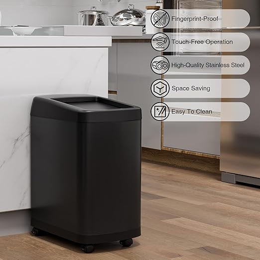 ELLO&ALLO 13 Gallon Touchless Motion Sensor Trash Can, Rectangular Kitchen Waste Bin with Roll Up Lid and Wheels, Matte Black
