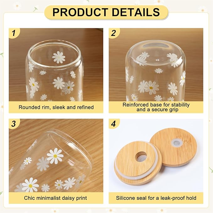 Cute Glass Cups with Lids and Straws, Teen Girl Birthday Gifts Daisy Iced Coffee Cup, Yellow Aesthetic Mug Tumbler for Birthday Mothers Day Christmas Valentines Coffee Lover 16oz