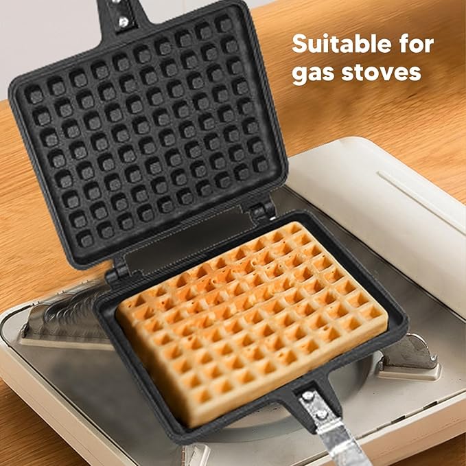 Waffle Baking Mold, Non Stick Cast Aluminum Waffle Maker, Easy Operation Square Waffle Pan for Stovetop, Indoor Outdoor Cooking, Uniform Heating with Thermal Insulation Handle