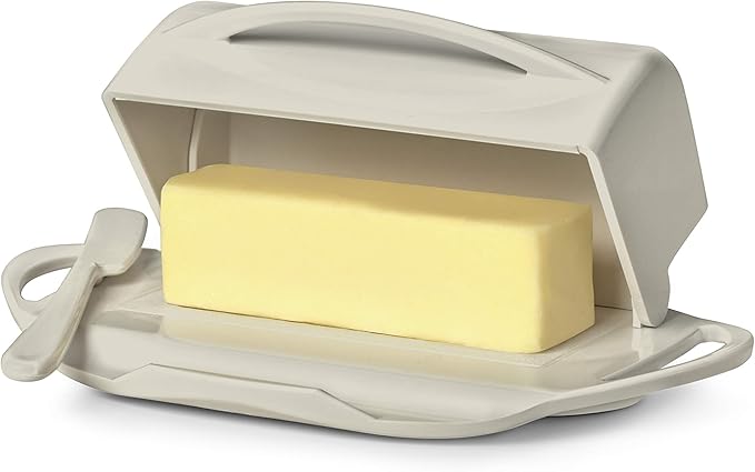 Butterie Flip-Top Butter Dish with Lid & Matching Knife, Holds 2 Sticks/European Butter, No-Mess Butter Holder, Shatterproof, Dishwasher Safe, Ivory