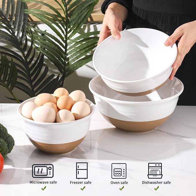 Tikooere Ceramic Mixing Bowls,Large Serving Bowls 2.1/1.5/1.0 Qt,Salad Bowls Set of 3 for Kitchen Space Saving Storage,Nesting Bowls for Cooking,Popcorn,Soup,Fruit, Microwave & Dishwasher Safe,White