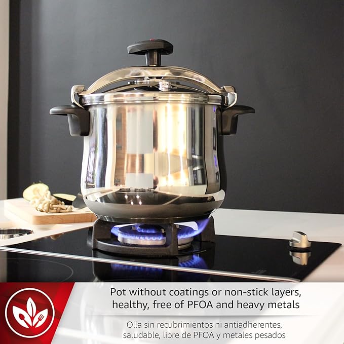 MAGEFESA Star Belly Pressure Cooker 10.6 Qt – 18/10 Stainless Steel, Rounded Bottom, 3 Safety Systems, Works on All Stovetops Including Induction, 8 PSI