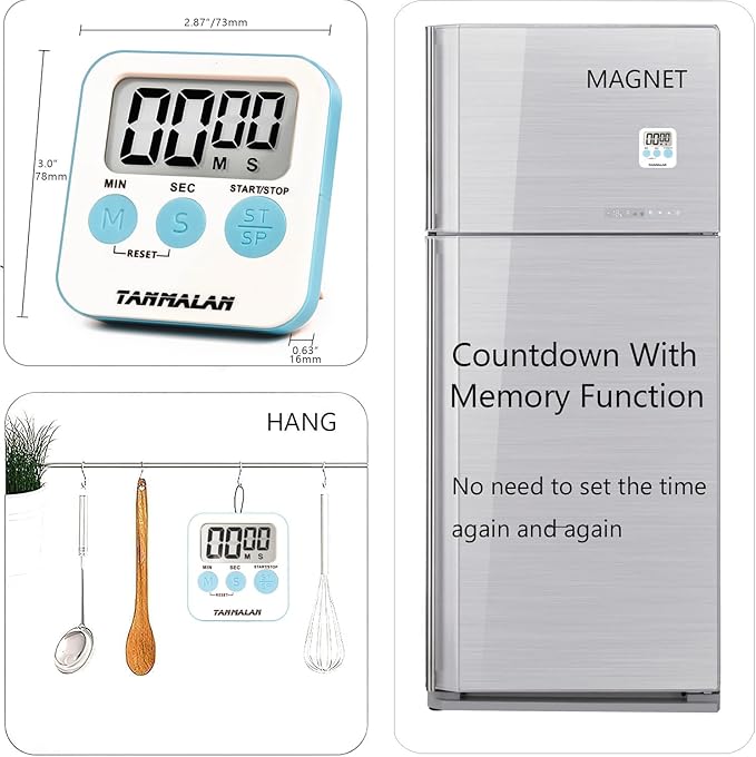 Tanmalan Kitchen Timer for Cooking Loud Alarm, Large Display, Auto Memory Loud Alarm, Large Display,Big Button，for Kids for Teacher Classroom Must Haves,Count Down-up,Easy to use (Black,4 Pack)
