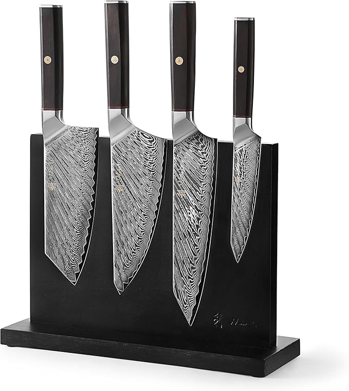 Wakoli Culinary Asia Damascus 4-Piece Knife Block Set with Magnetic Block – Professional Kitchen Knives made of 67-Layer Damascus Steel Blades & VG10 Core – Ergonomic Dark Oak Wood Handles in Gift Box