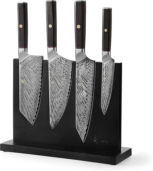 Wakoli Culinary Asia Damascus 4-Piece Knife Block Set with Magnetic Block – Professional Kitchen Knives made of 67-Layer Damascus Steel Blades & VG10 Core – Ergonomic Dark Oak Wood Handles in Gift Box