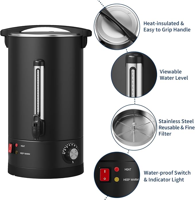 Garvee 12 L/80 Cups Coffee Urn-3.2 gal Double Wall Commerical Coffee Maker for Buffet Catering Wedding Gathering,Large Capacity Hot Coffee Dispenser,Stainless Steel Hot Water Urn-Black