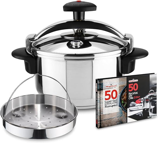 Magefesa Star Exclusive 4.2-Quart Pressure Cooker Set, Includes Steaming Basket & Recipe Book – 18/10 Stainless Steel, Full Induction