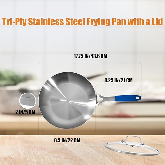 Inqibee 8.5 Inch Tri-Ply Stainless Steel Frying Pan with Lid, Skillet, Induction Cooking Pan, Dishwasher Safe and Detachable Handle